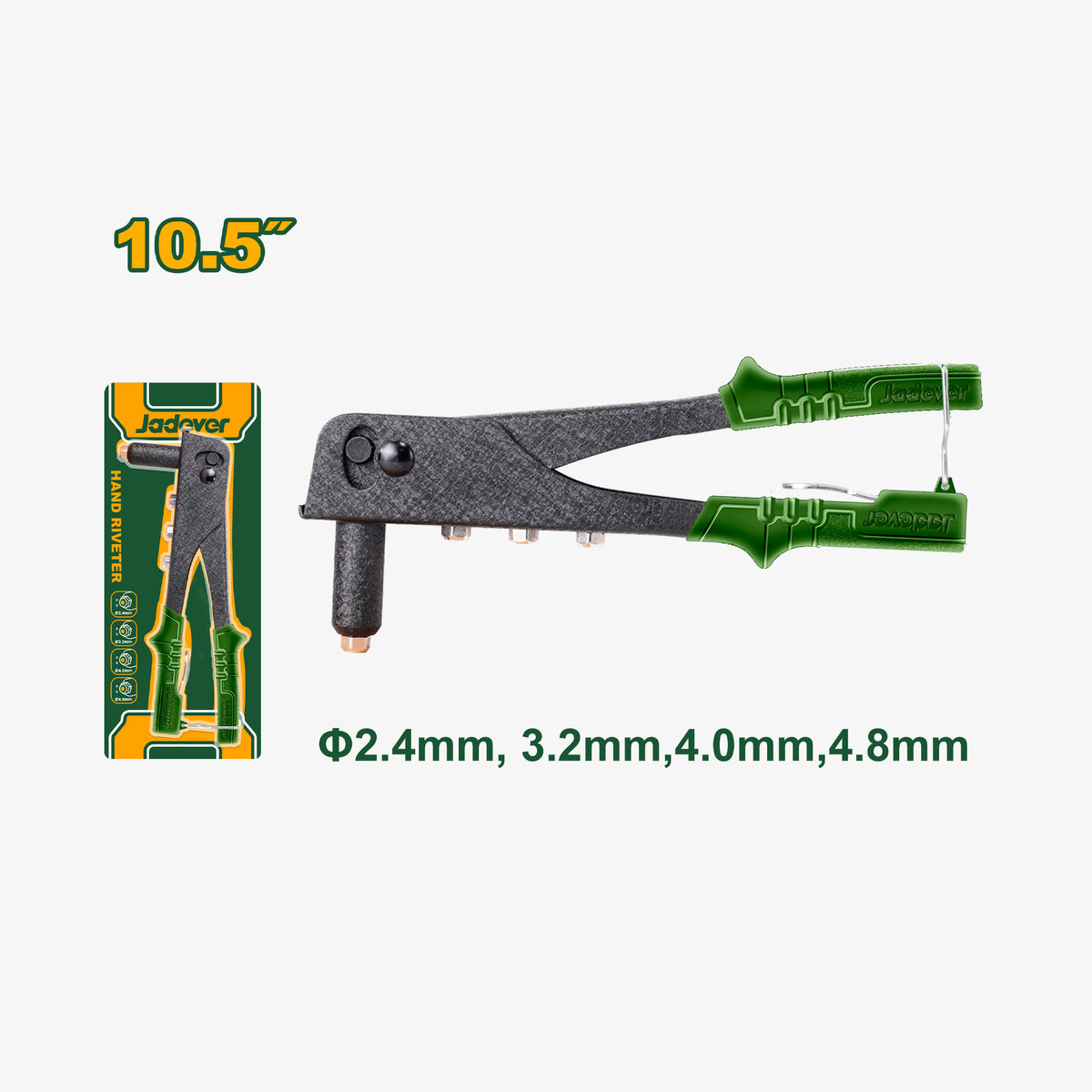 Green and black tool with specifications on a white background