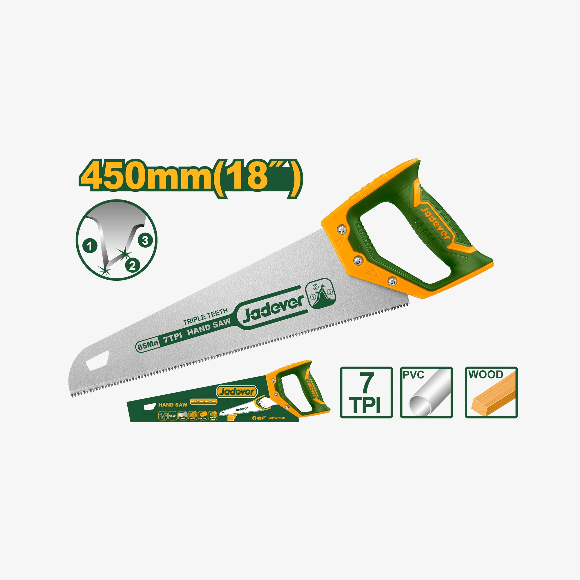 Jadever hand saw with specifications on a white background