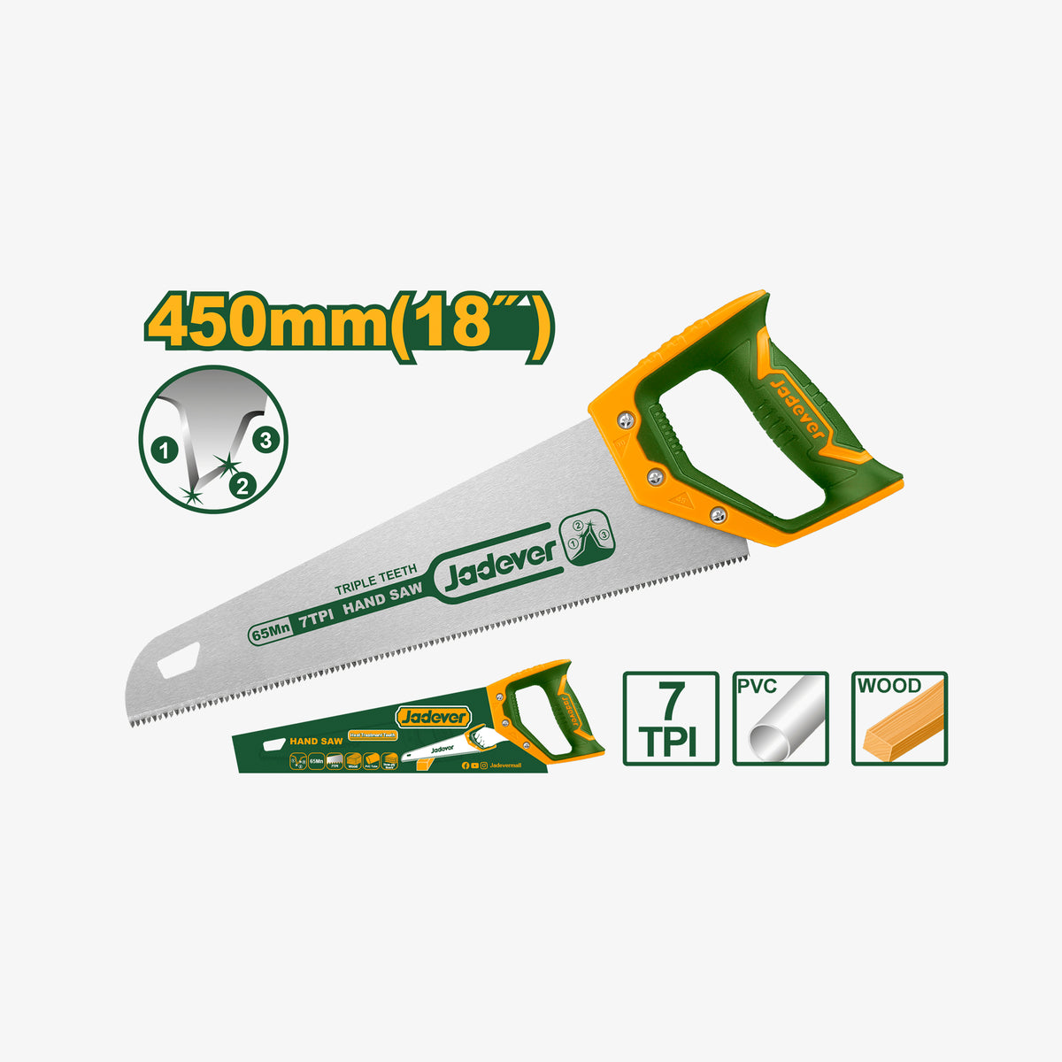 Jadever hand saw with specifications on a white background
