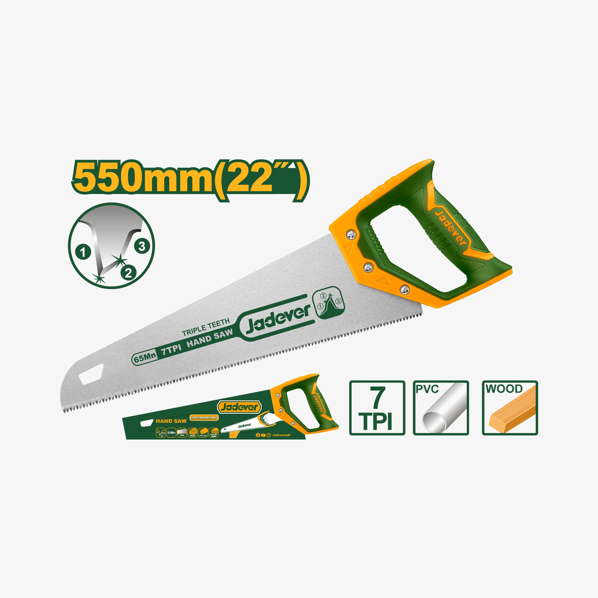 Hand saw with green and orange handle on a white background, featuring product details.