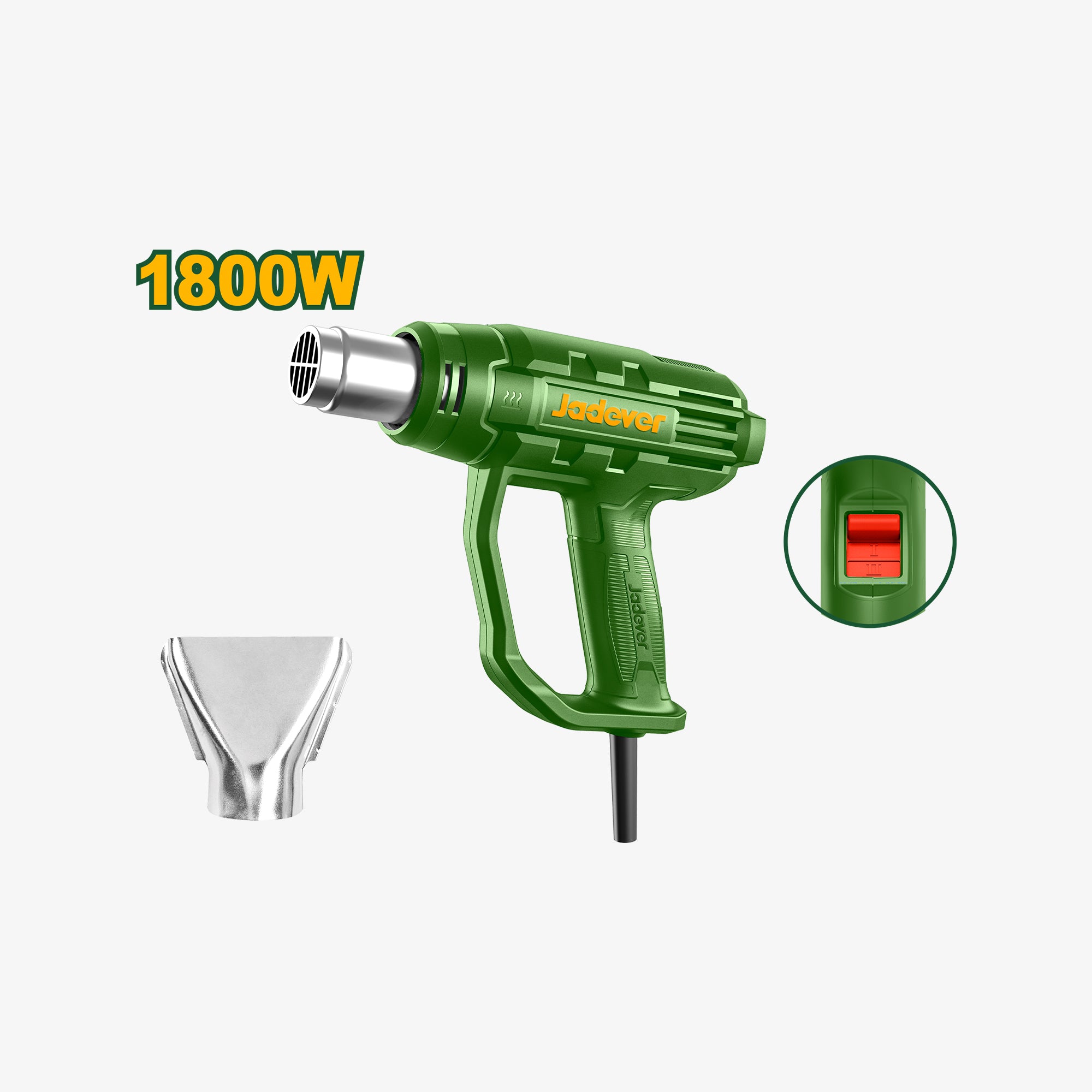 Green hot air gun with 1800W rating on a white background