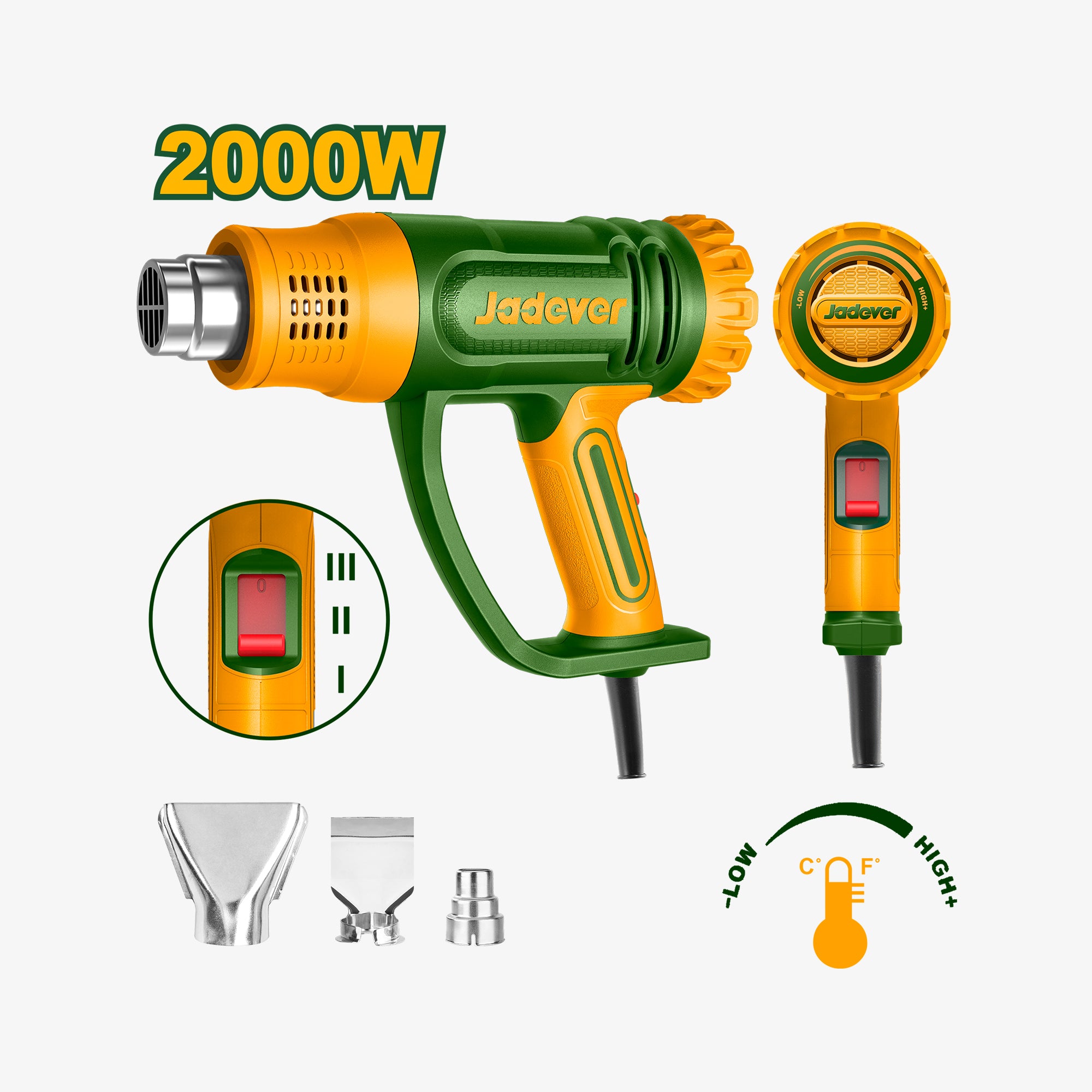 Green and orange heat gun with accessories on a white background
