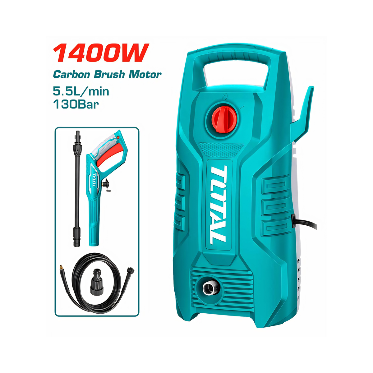 Turquoise pressure washer with accessories on a white background