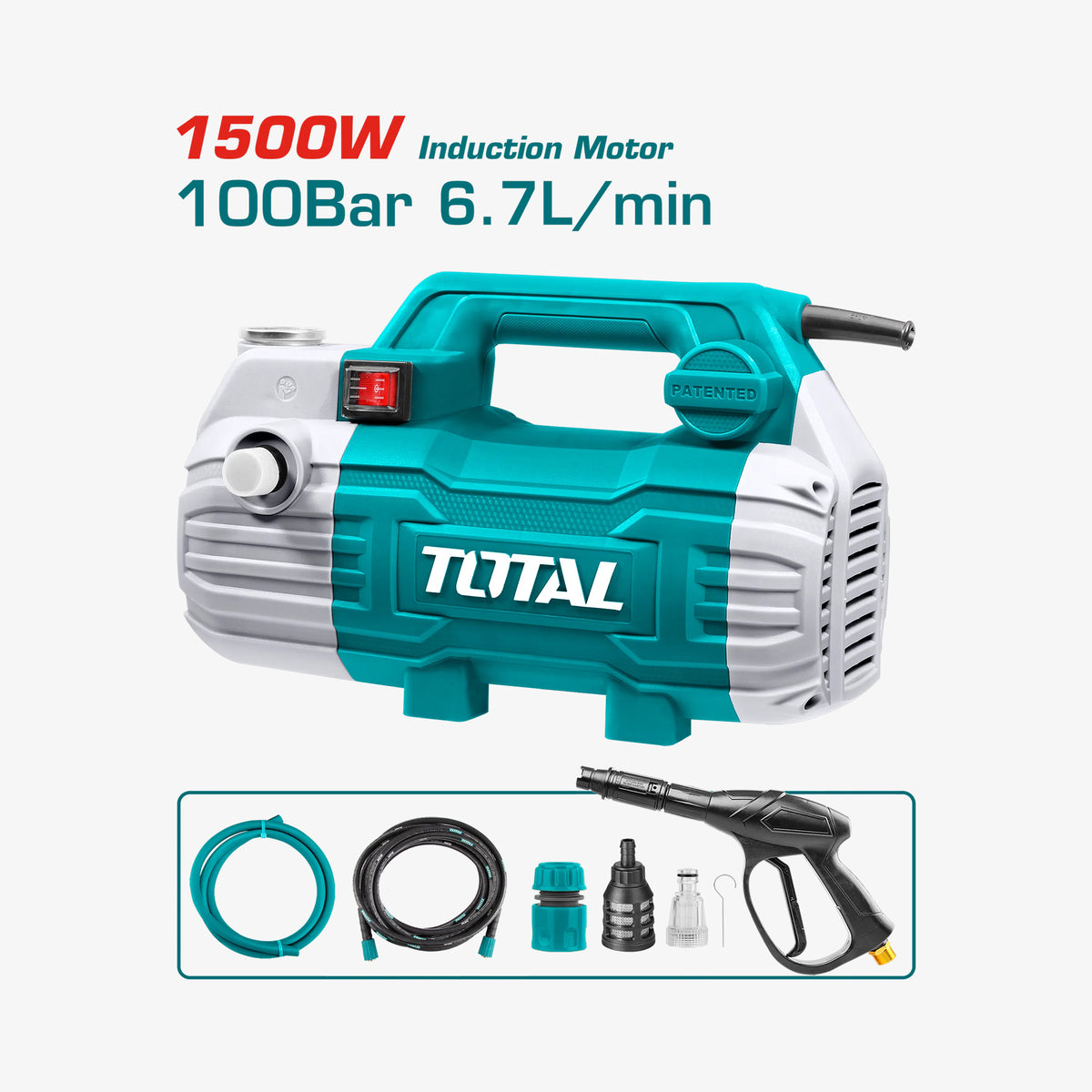 Turquoise and white pressure washer with accessories on a white background, featuring 'TOTAL' branding.
