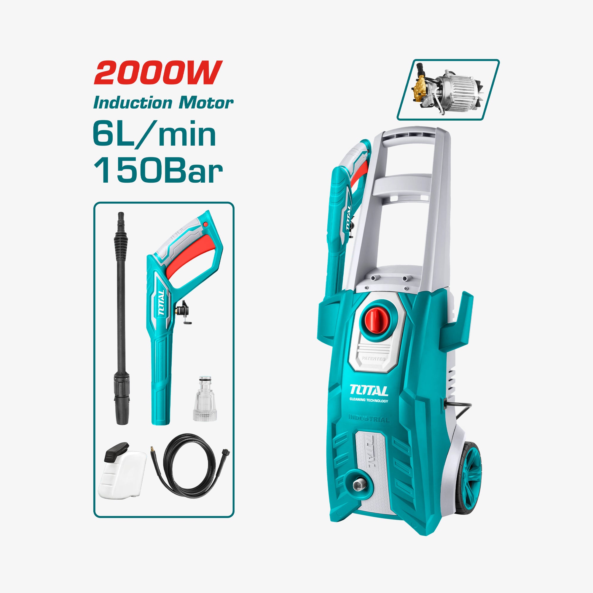 Turquoise pressure washer with accessories on a white background, featuring 'Total' brand.