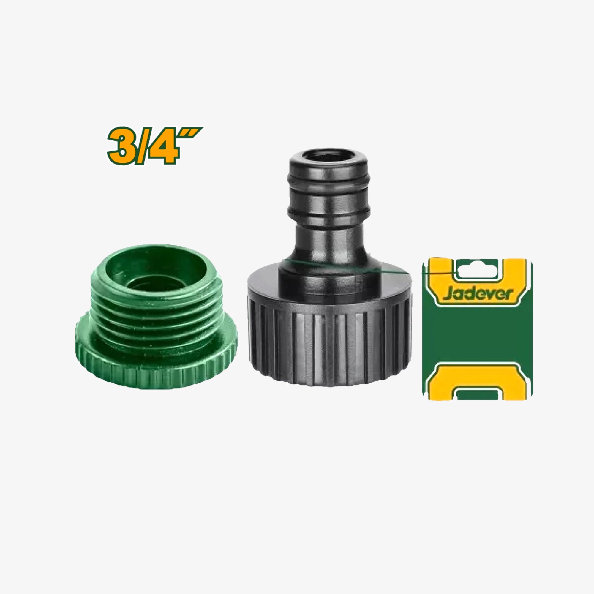 Garden hose fitting set with '3/4”' marking and Jadever branding on a white background.