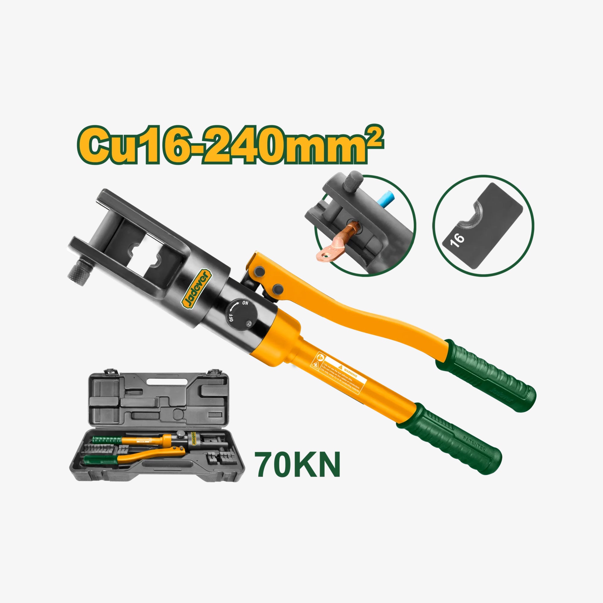 Cable crimping tool with specifications on a white background