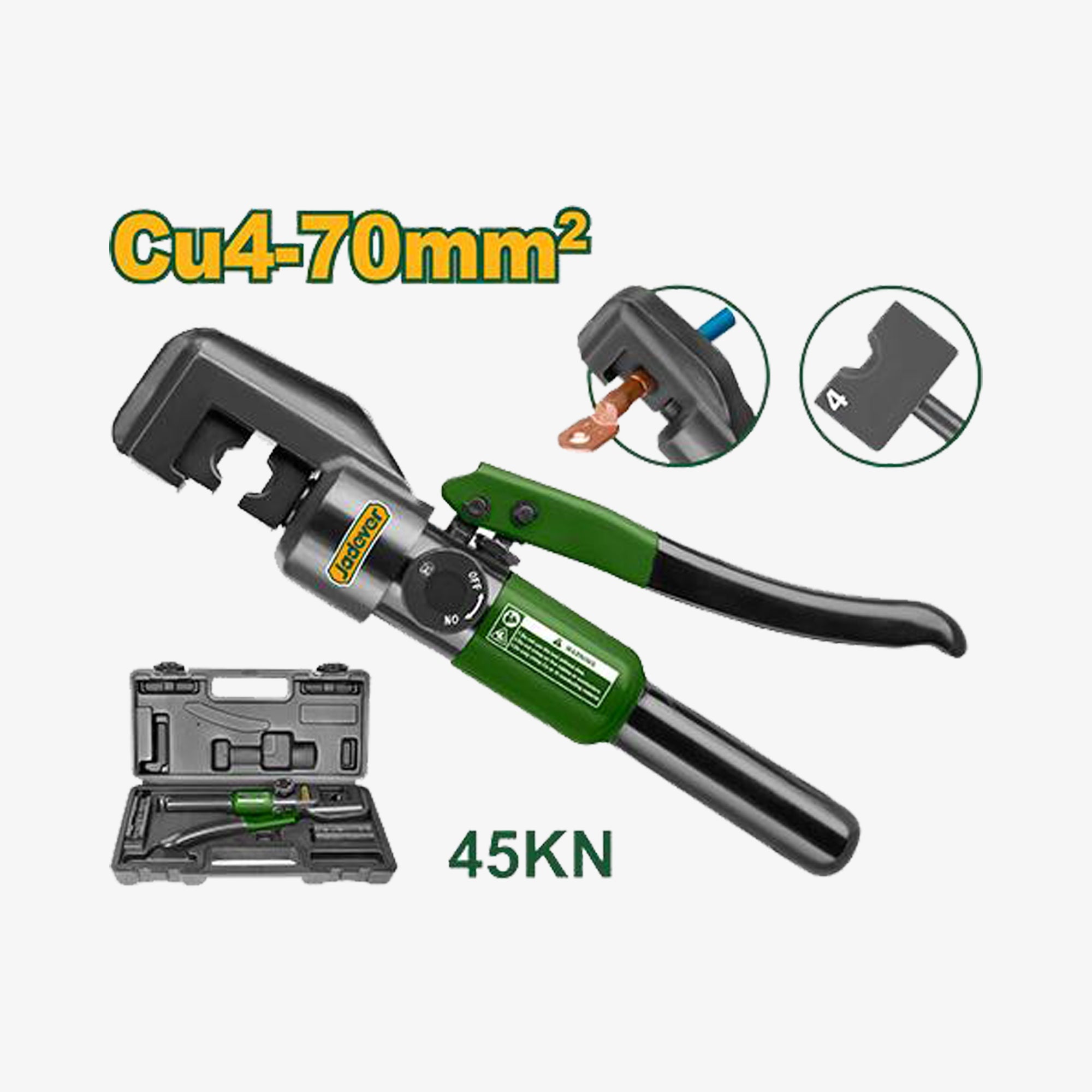 Cable crimping tool with green handle and black body on a white background
