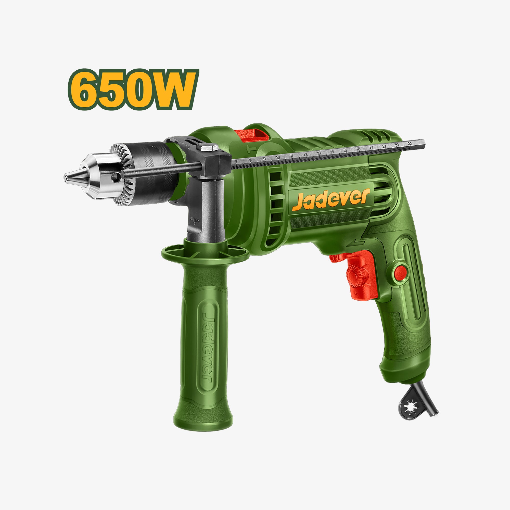 Green drill with 'Jadever' branding and 650W rating on a white background