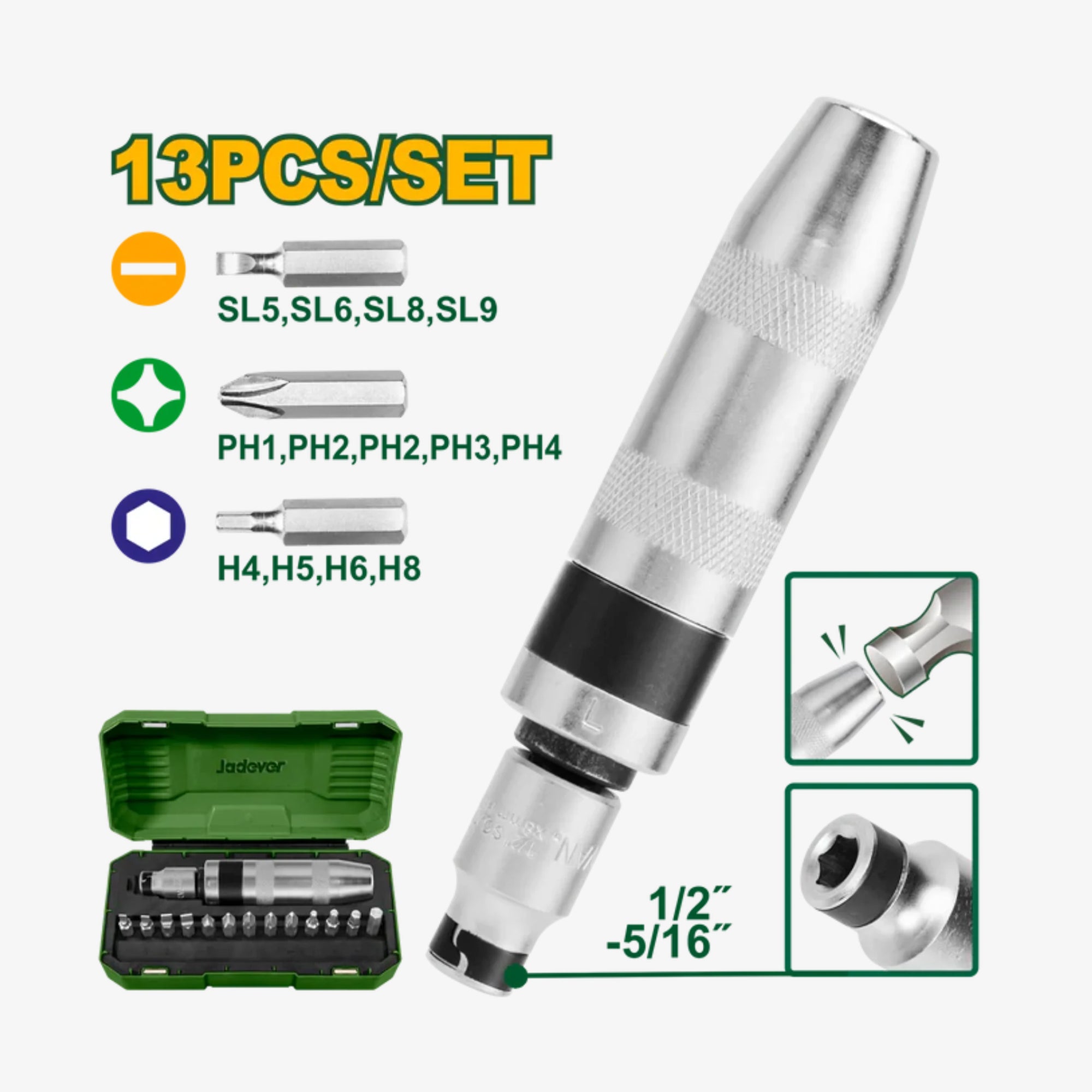 Screwdriver set with various bits and green case on a white background