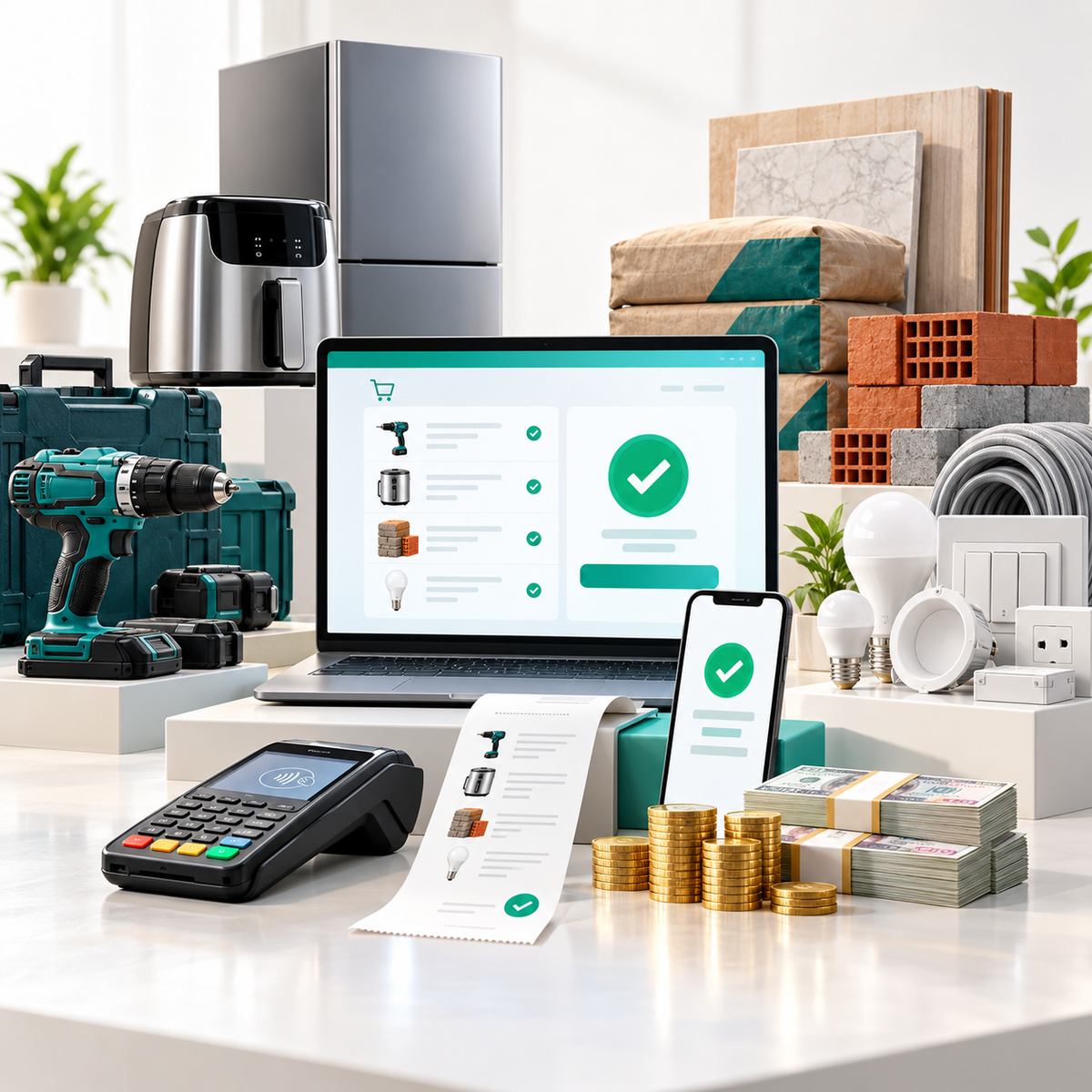 A digital e-commerce payment and settlement dashboard is displayed on a laptop and smartphone, surrounded by various physical items including a POS terminal, cash, gold coins, power tools, and home appliances on a clean white surface.