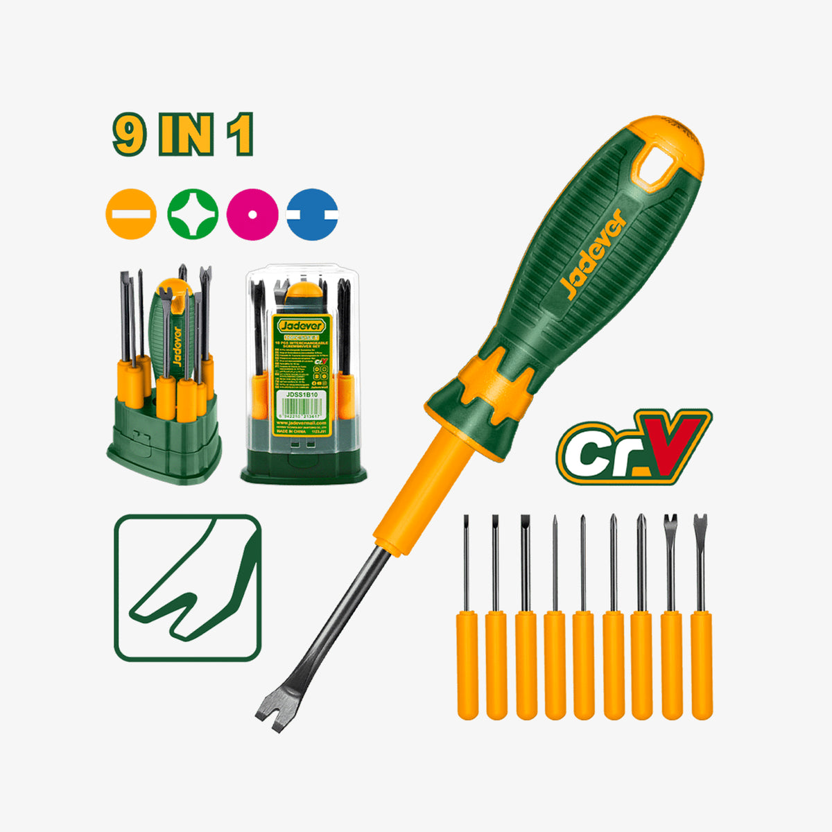 9-in-1 screwdriver set with interchangeable bits on a white background