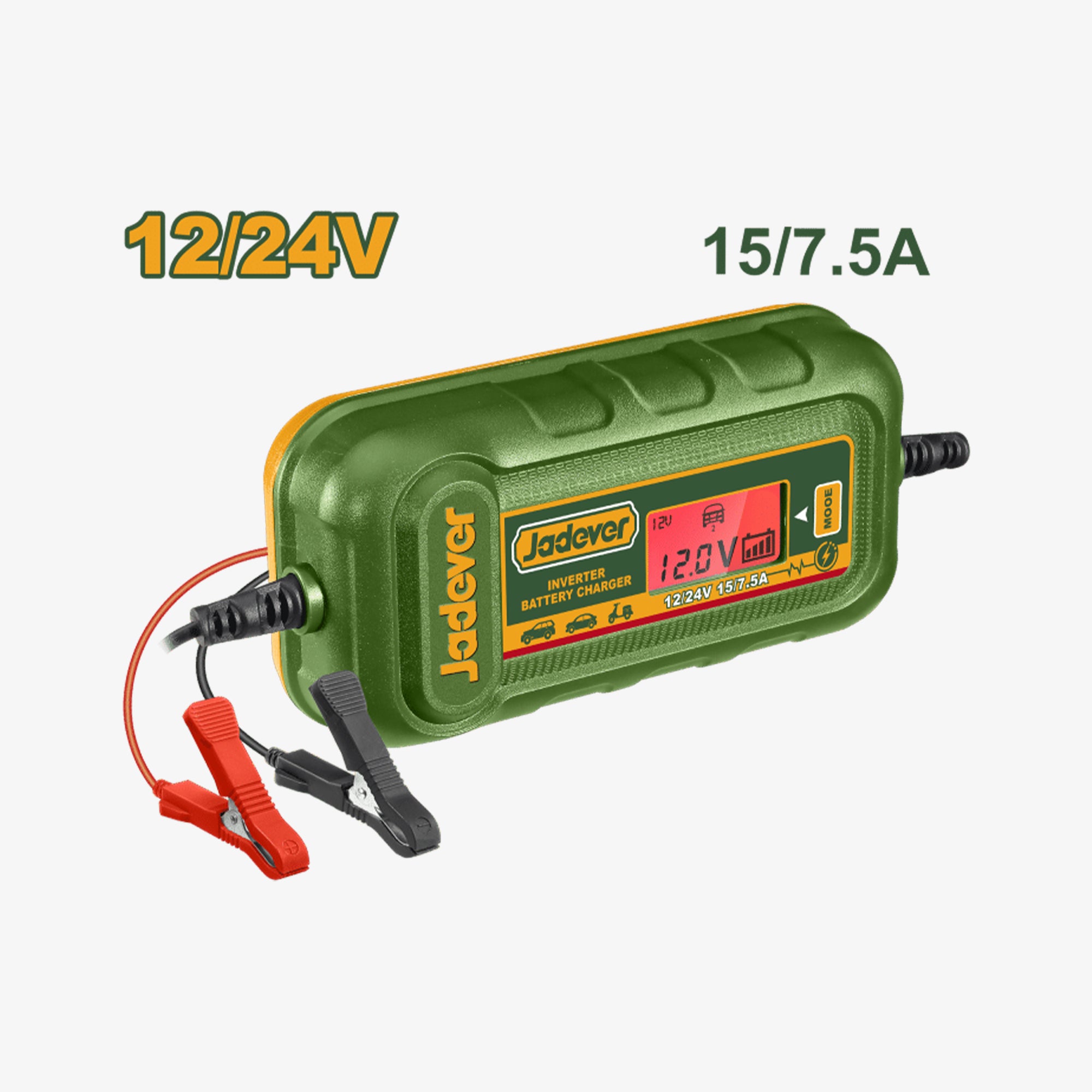 Green battery charger with Jadever branding on a white background