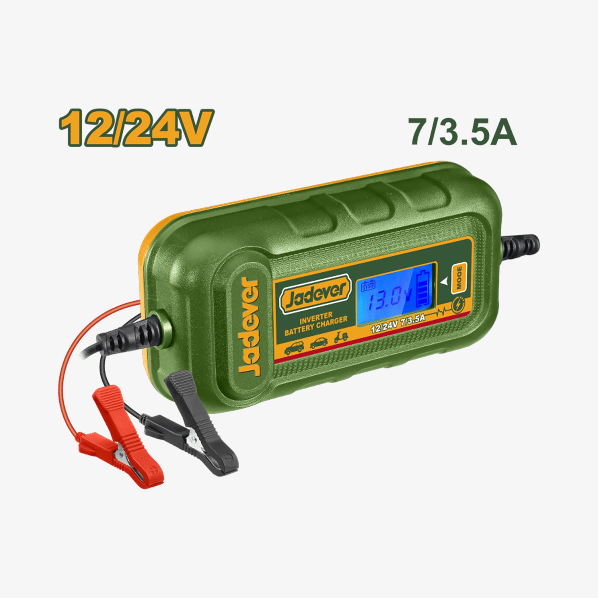 Green battery charger with clamps on a white background, displaying 'Jadever' brand.