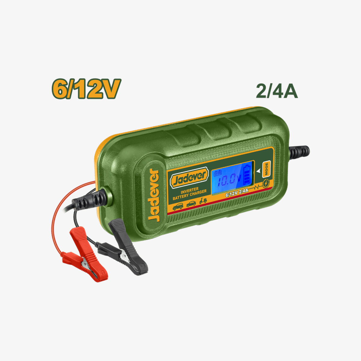 Green battery charger with digital display on a white background