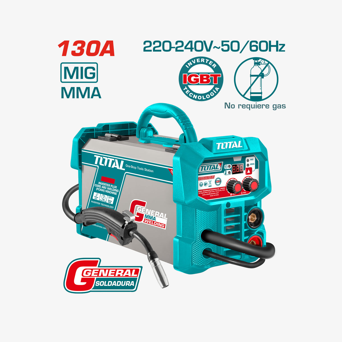 Turquoise welding machine with technical specifications on a white background