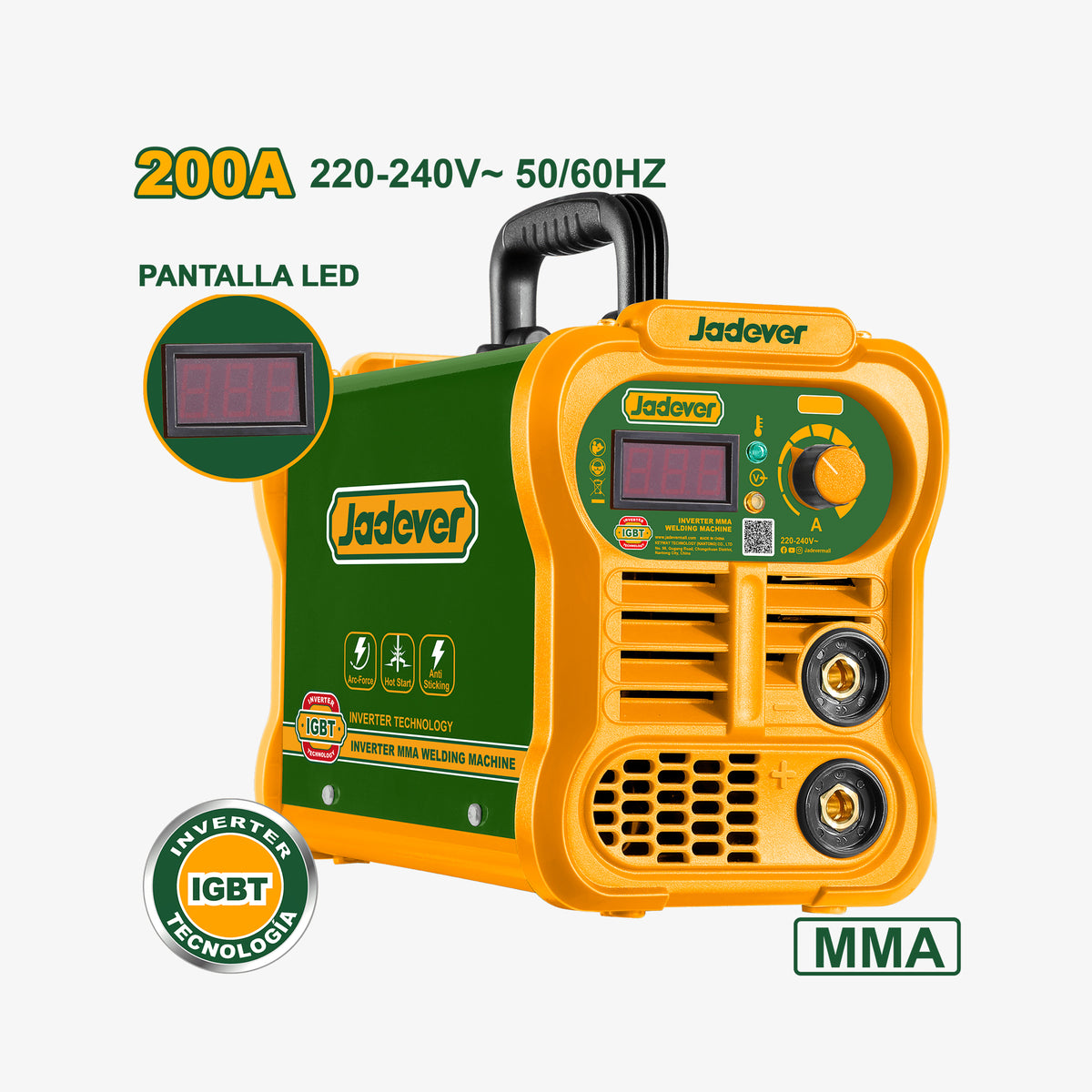 Jadaver inverter welder with green and orange design on a white background