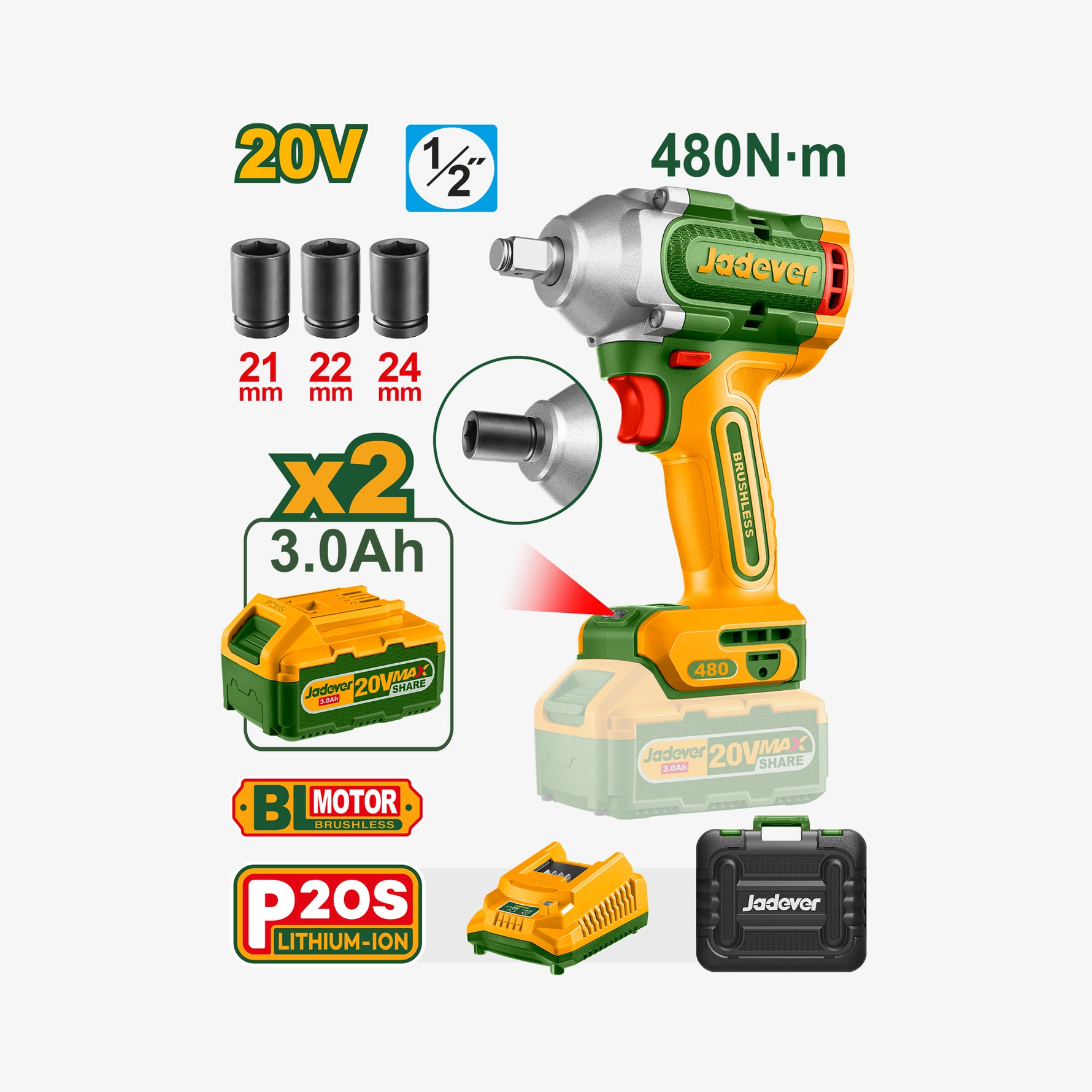Brushless Cordless Impact Wrench 20V 480Nm