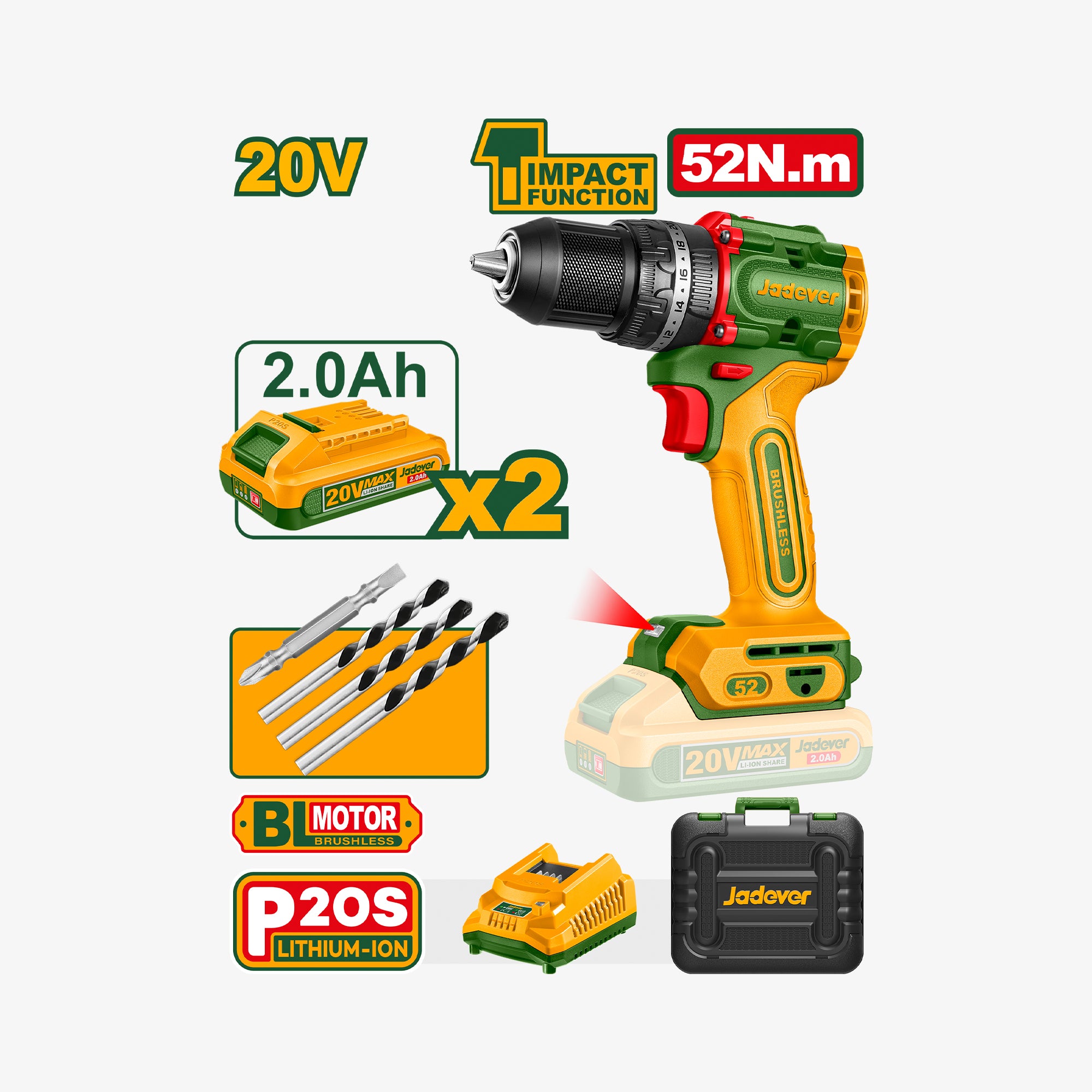 Brushless Cordless Impact Drill 20V 52Nm