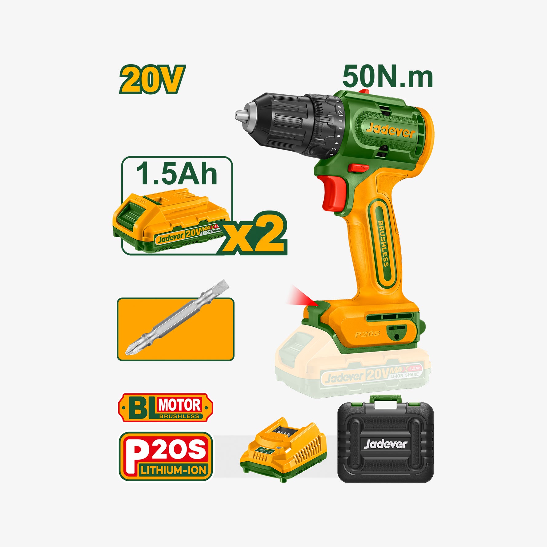 Brushless Cordless Drill 20V 50Nm JADEVER JDCDP552