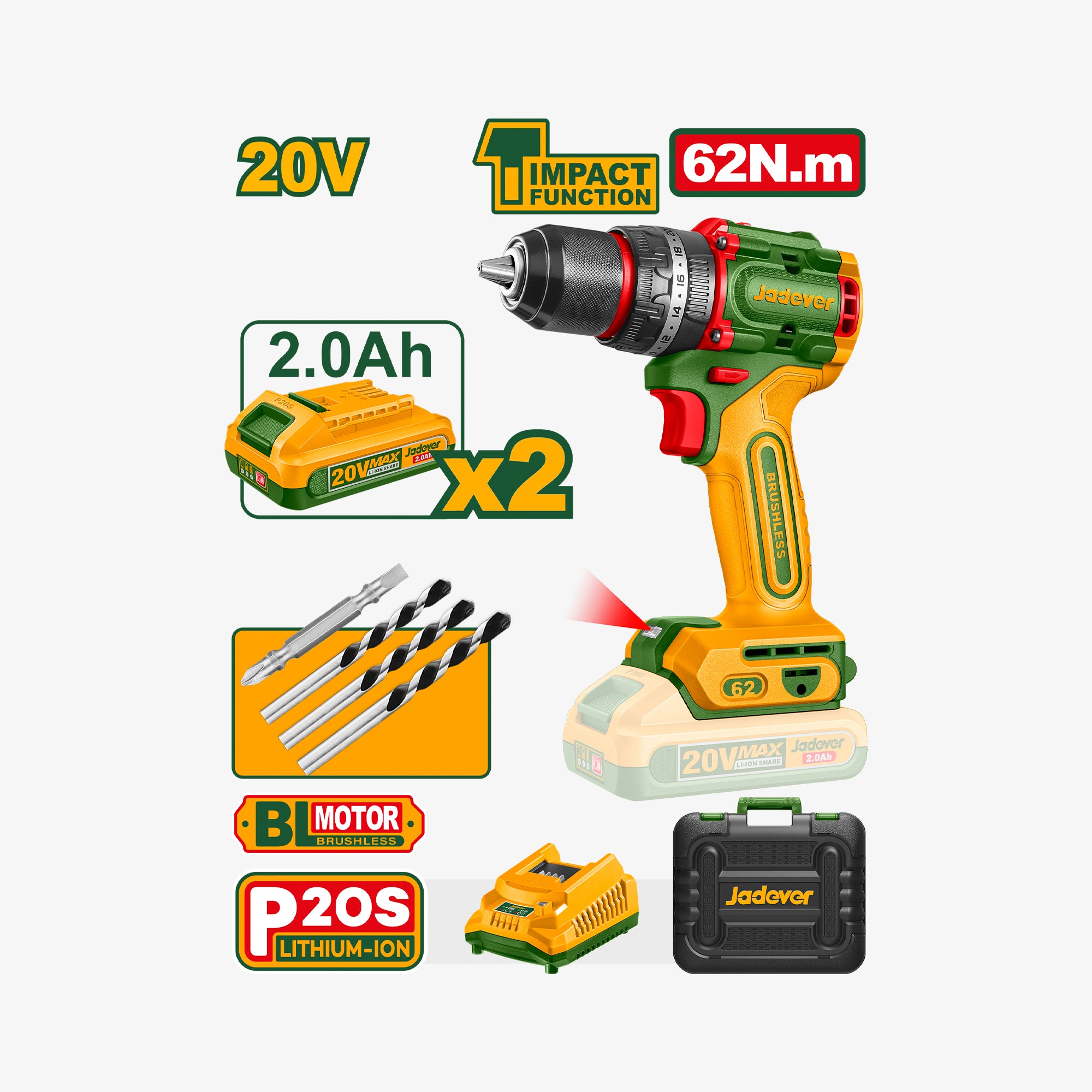 Brushless Cordless Impact Drill 20V 62Nm