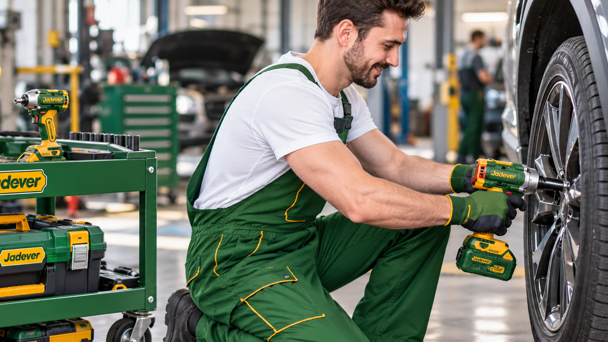 A male mechanic in green overalls kneels beside a gray vehicle wheel, using a cordless drill on the tire. A green Jadover tool cart with yellow-green power tools stands to his left in an auto repair shop.