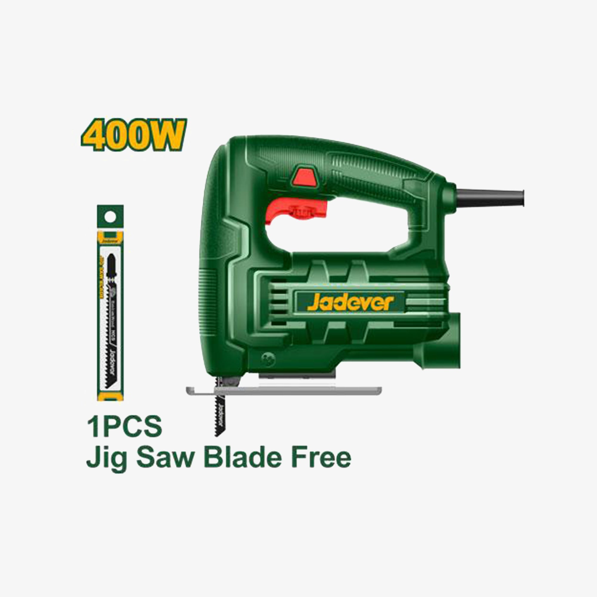 Green jigsaw with 400W rating and a free jig saw blade on a white background