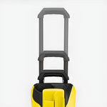 Yellow and black tool cart with a gray handle on a white background