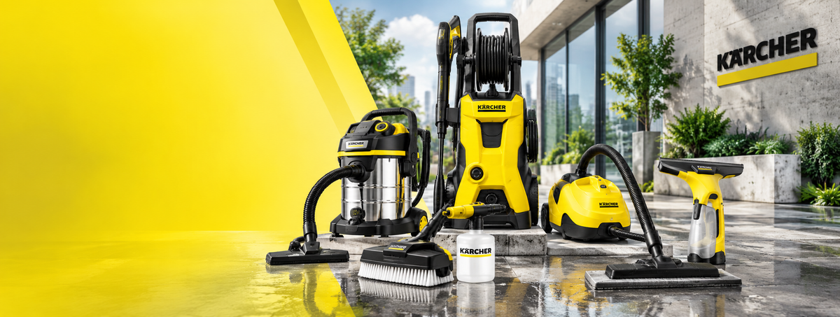 A lineup of yellow and black Kärcher cleaning appliances on a wet reflective floor, with a bright yellow graphic shape on the left and a modern building facade in the background. The Kärcher brand name is visible on the wall and on the products.