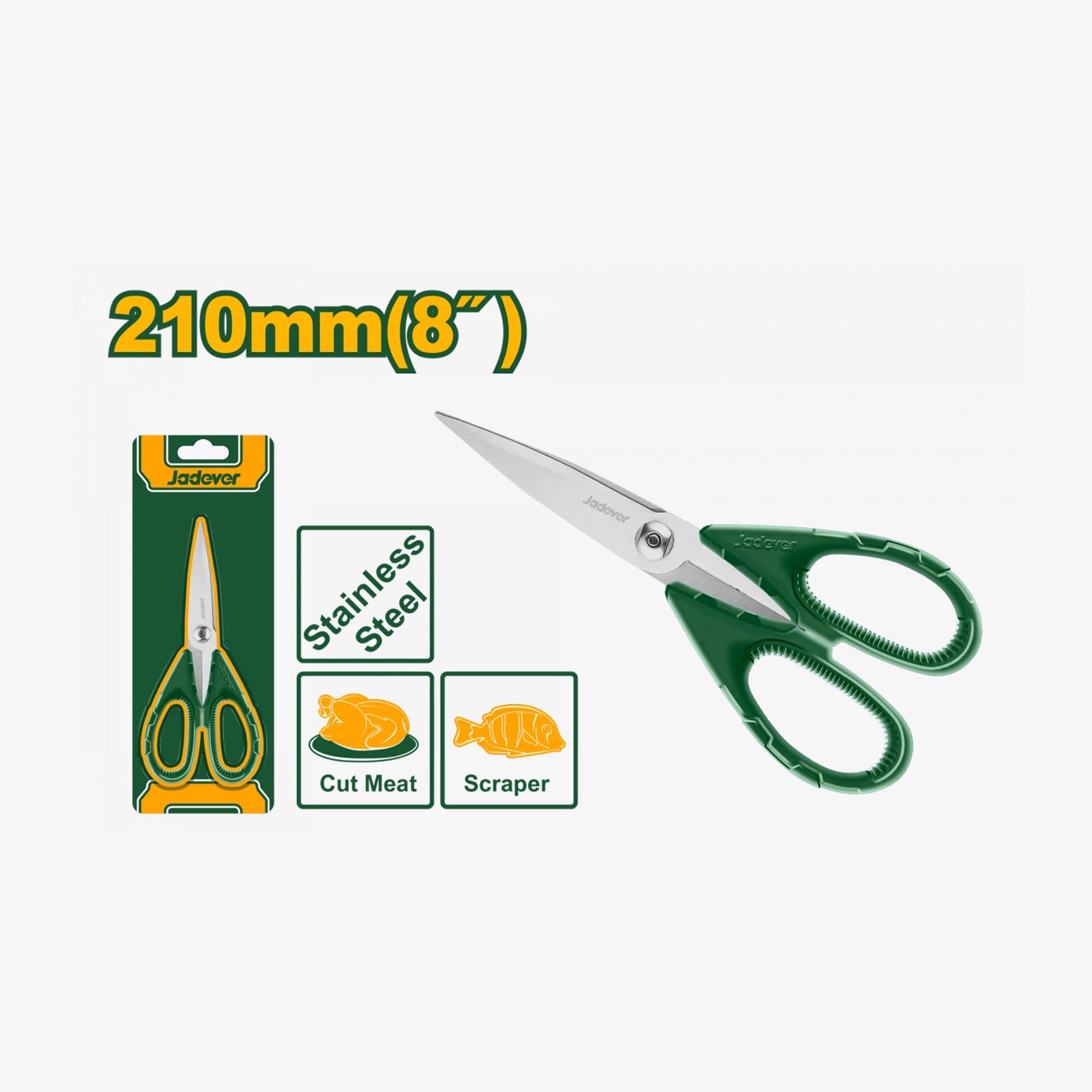 Green scissors with packaging and features on a white background