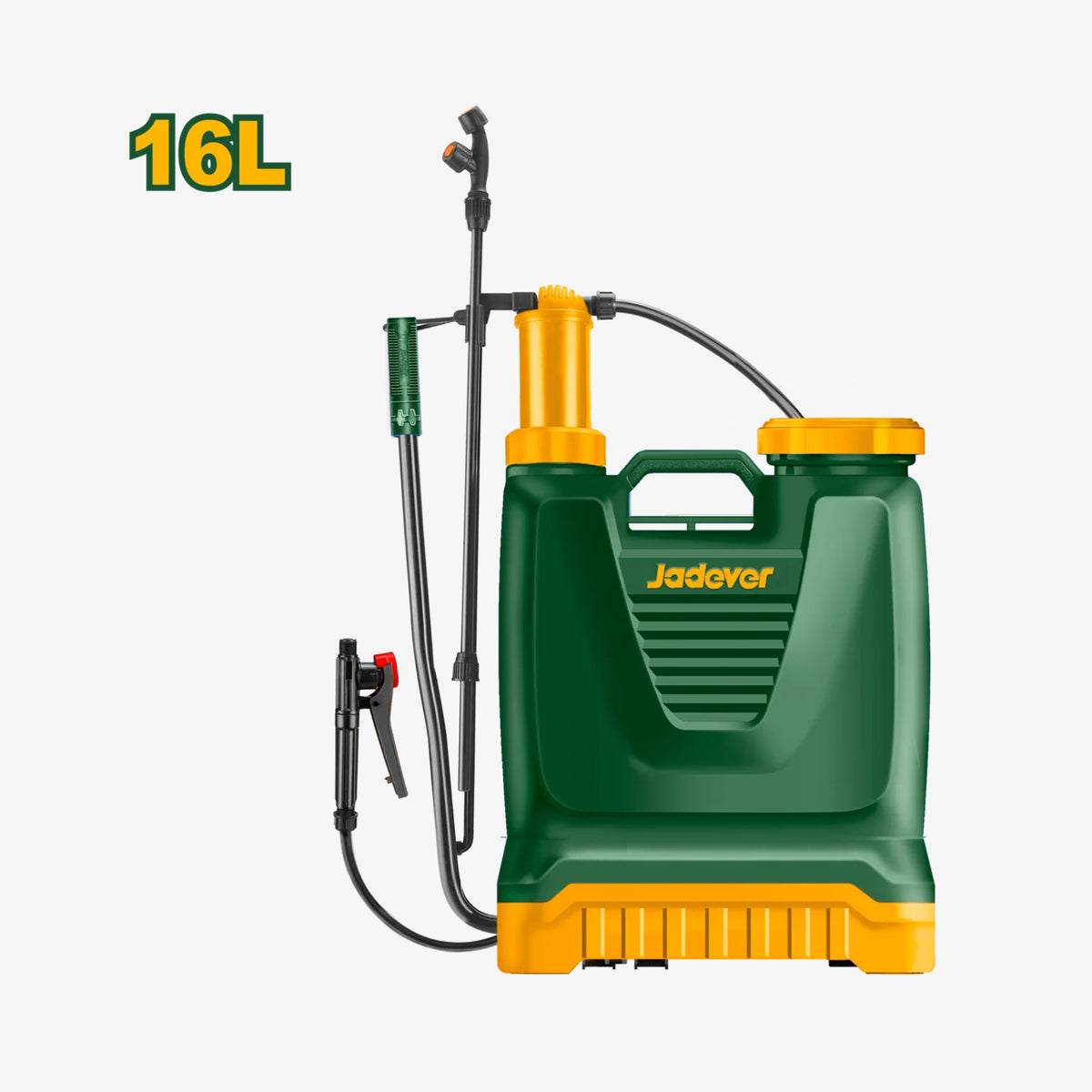 Green and yellow Jägerer backpack sprayer with 16L capacity on a white background