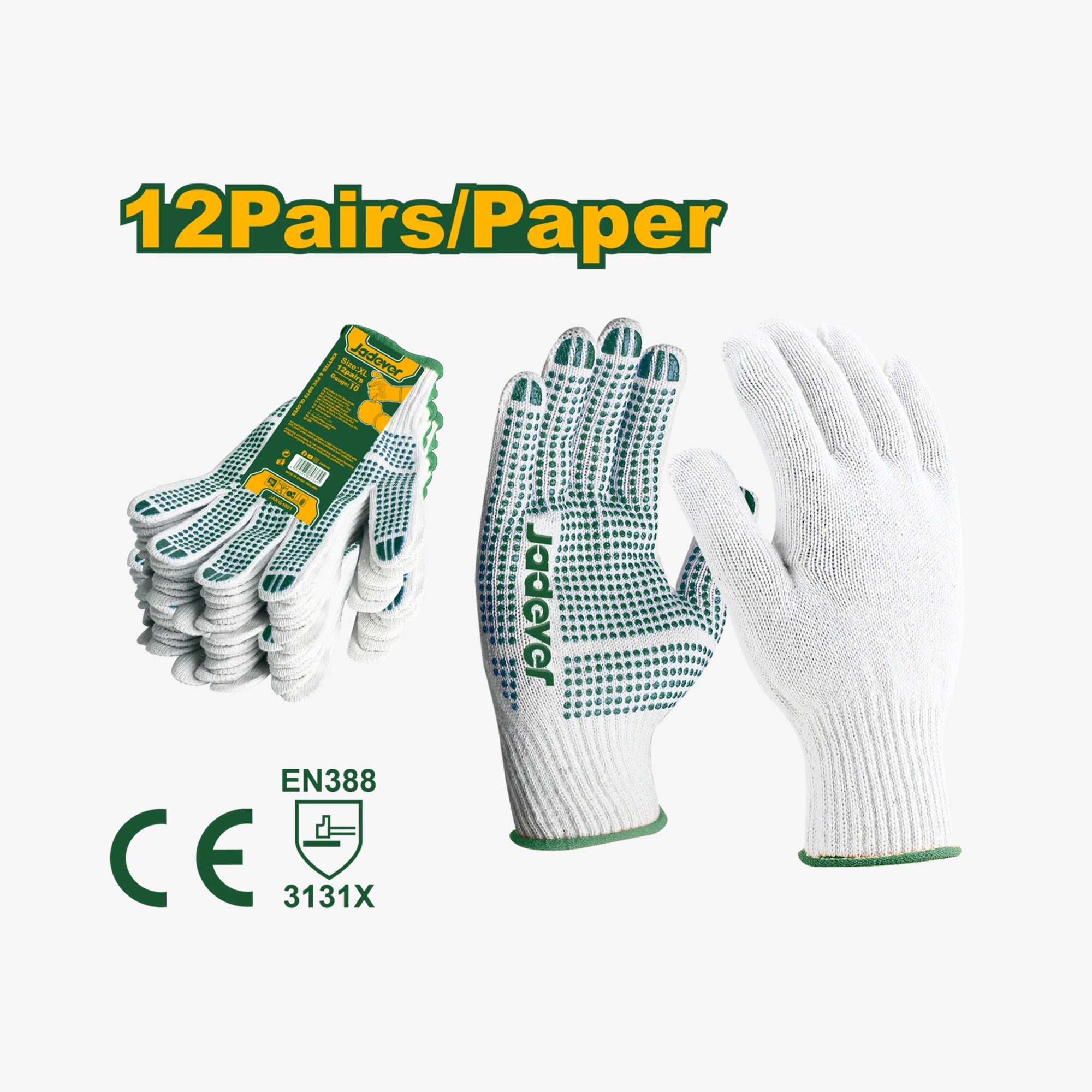 White work gloves with green accents and 'Ragwear' branding, displayed with packaging and text indicating quantity on a white background.