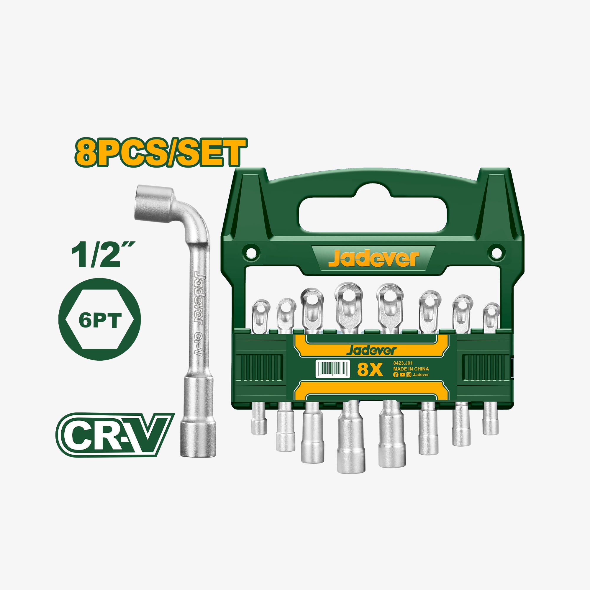Jadever 8-piece socket set with tool holder on a white background