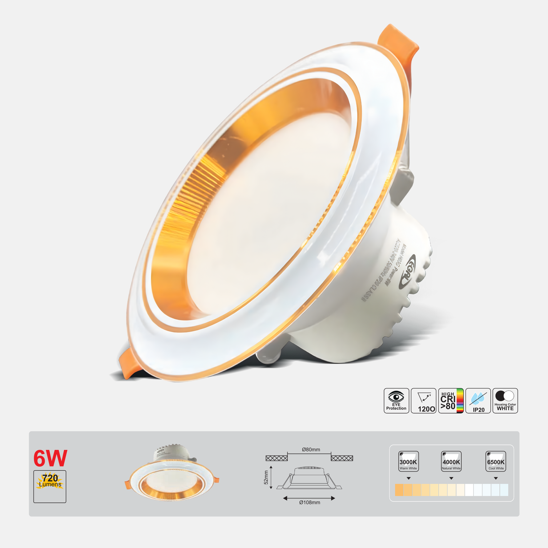 អំពូល LED Downlight 6W រាងមូលពណ៌មាស