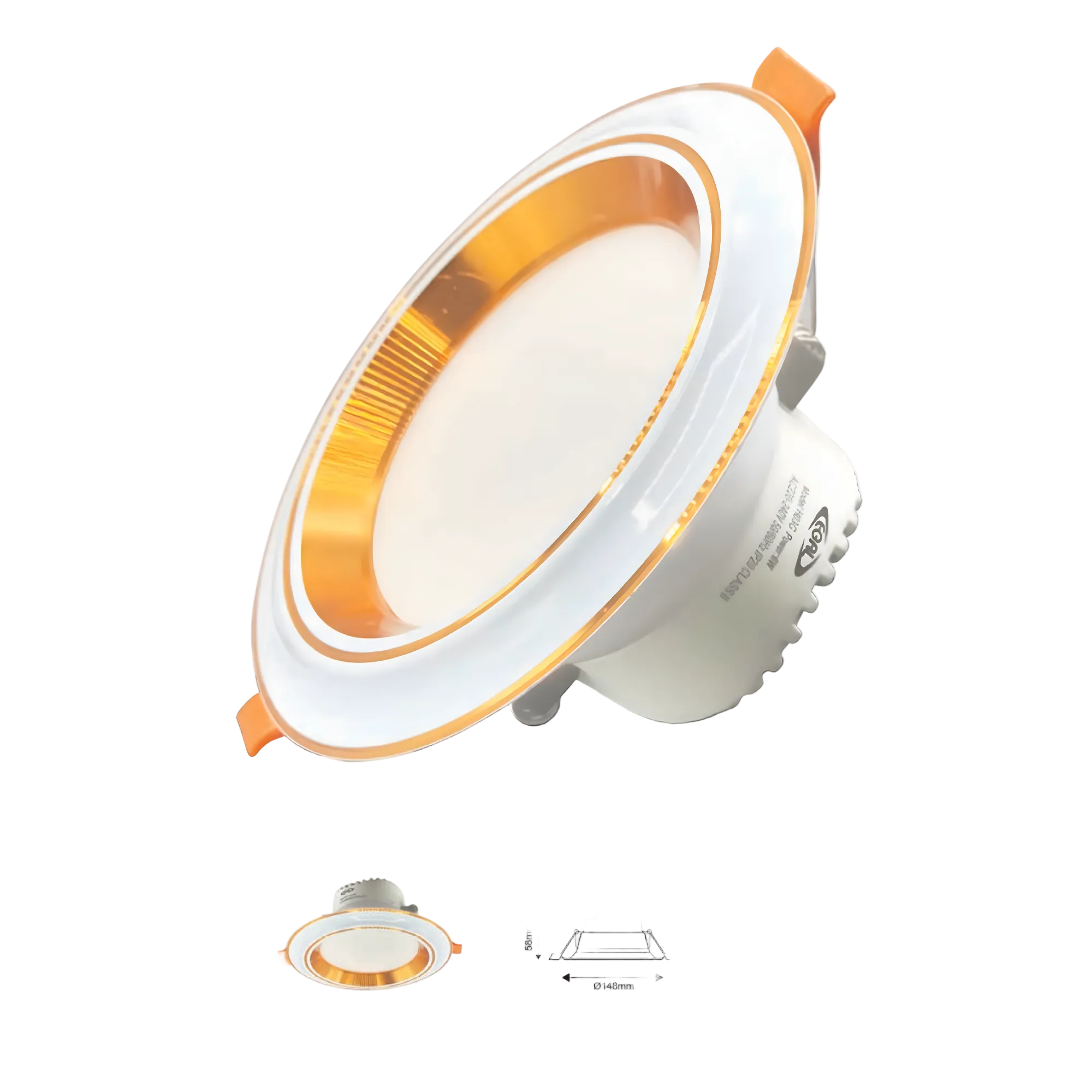 A recessed LED ceiling light shown at an angle with a white outer rim, a warm orange-gold inner ring, and a white mounting base. Small inset drawings below show the fixture dimensions.