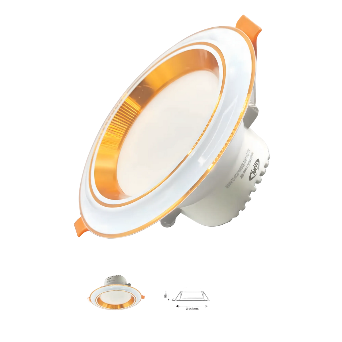 A recessed LED ceiling light shown at an angle with a white outer rim, a warm orange-gold inner ring, and a white mounting base. Small inset drawings below show the fixture dimensions.