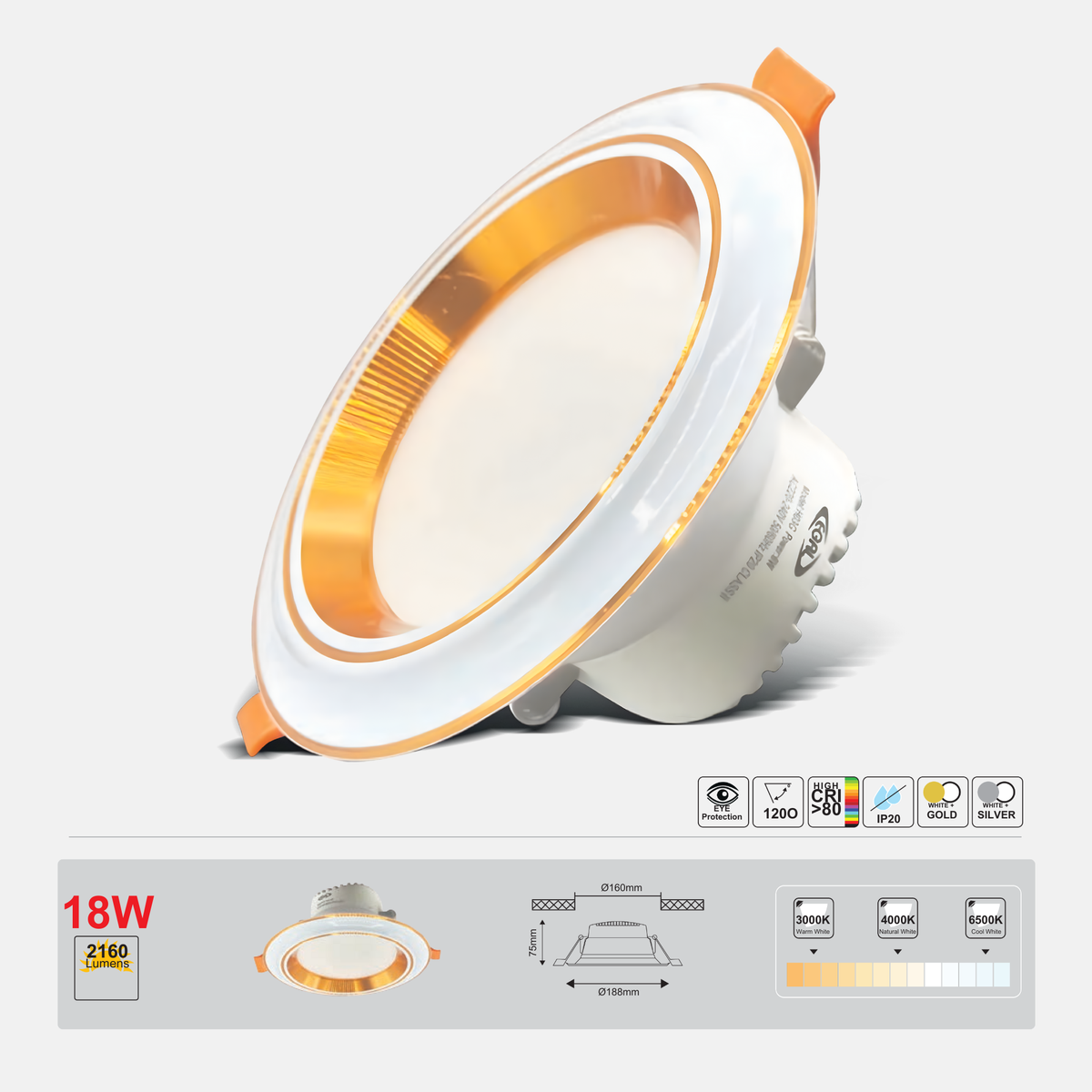 LED downlight with packaging displaying specifications on a white background