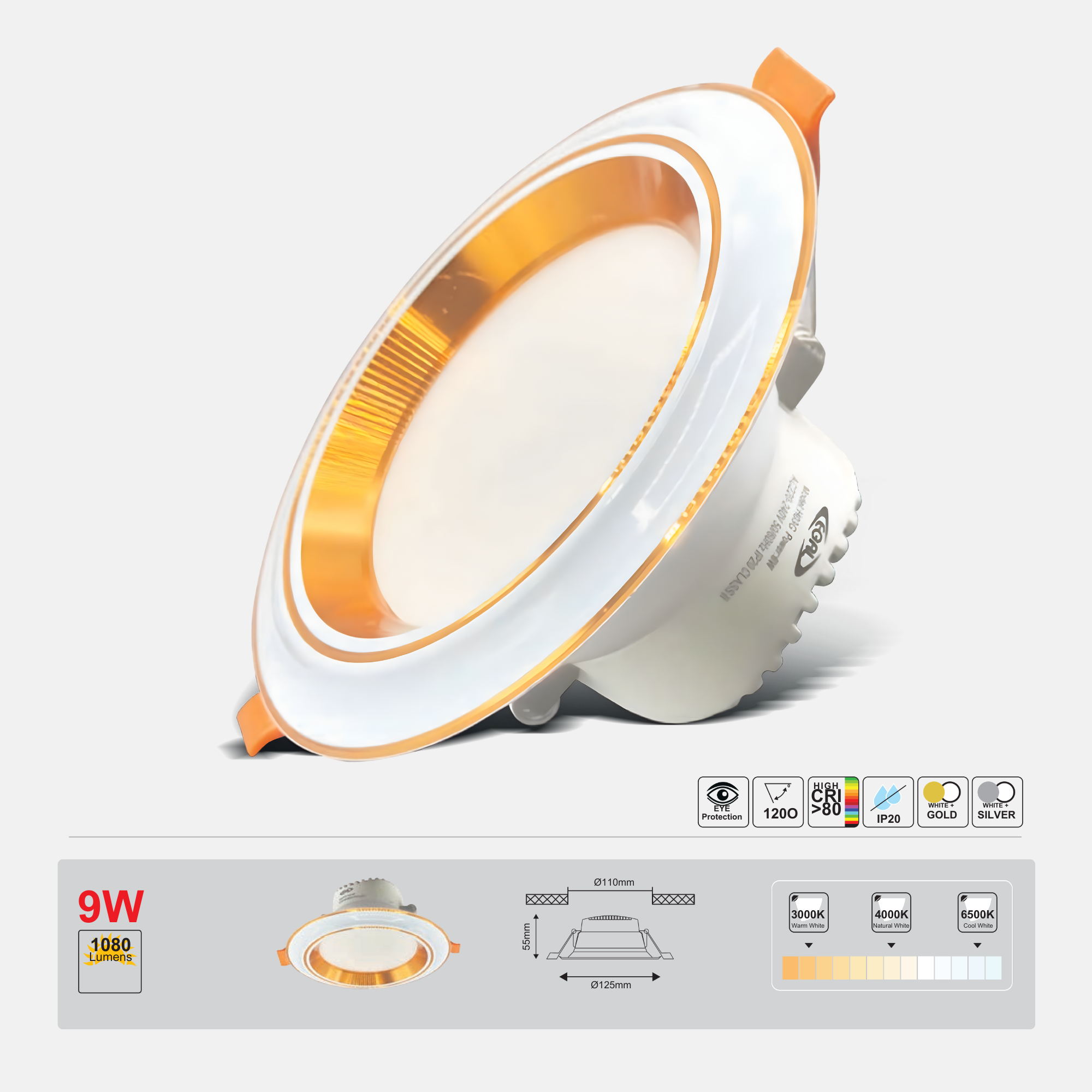 LED downlight with packaging displaying specifications on a white background
