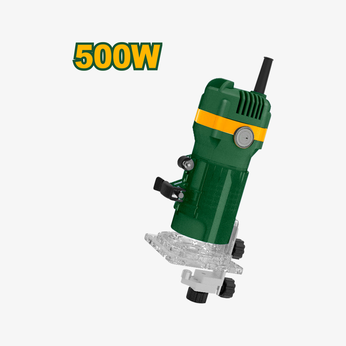 Green power tool with '500W' label on a white background