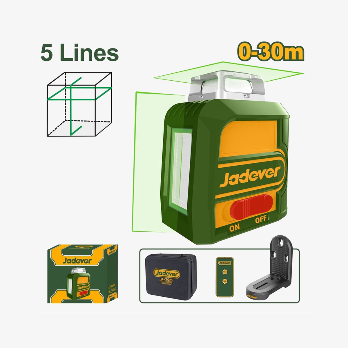 Jadever laser level with packaging and accessories on a white background