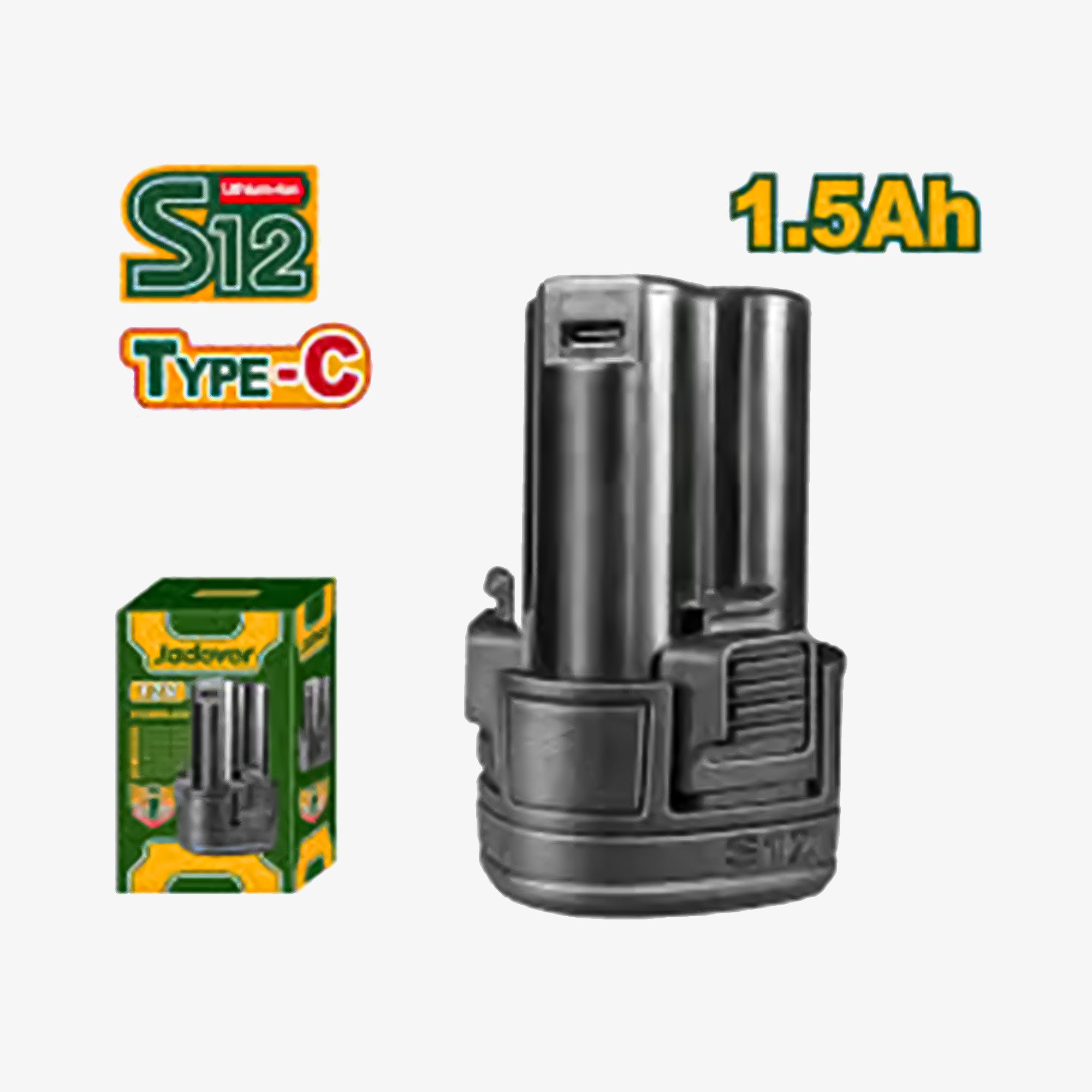 Black battery pack with 'S12' and 'Type-C' branding, and a box labeled 'Jadower' on a white background.
