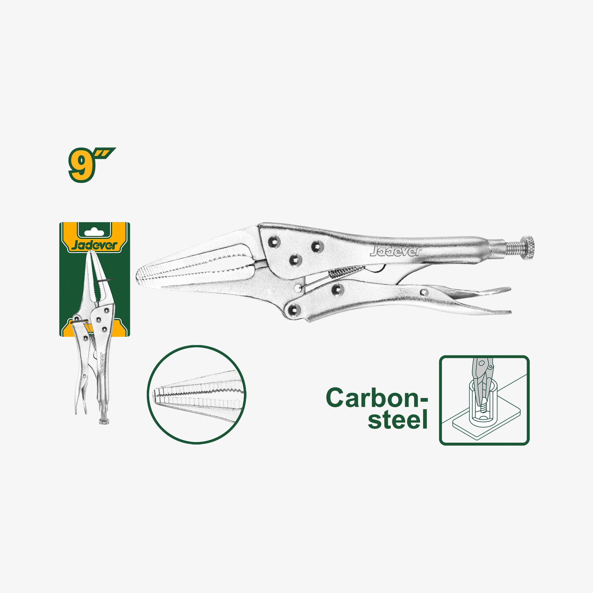 Locking pliers with packaging and specifications on a white background