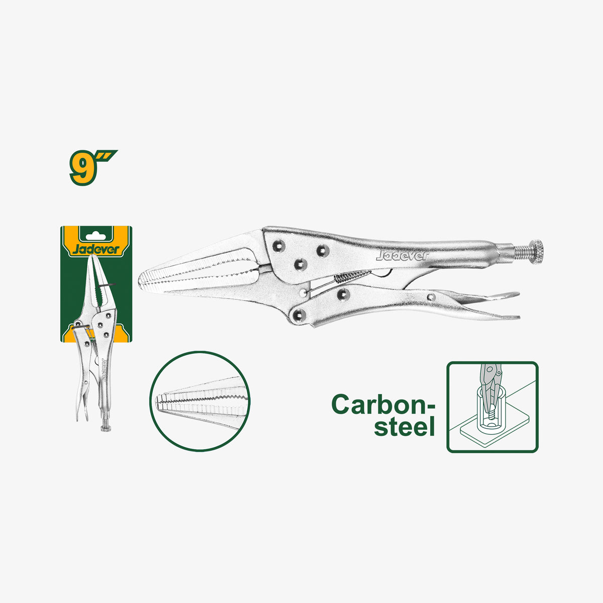 Locking pliers with packaging and specifications on a white background