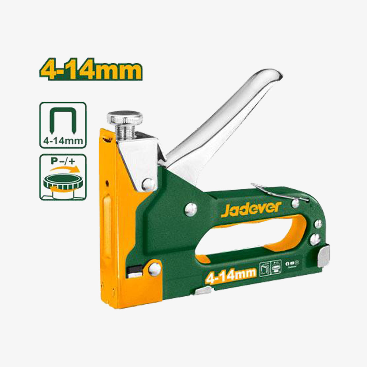 Green and orange stapler with 'Jadever' branding on a white background