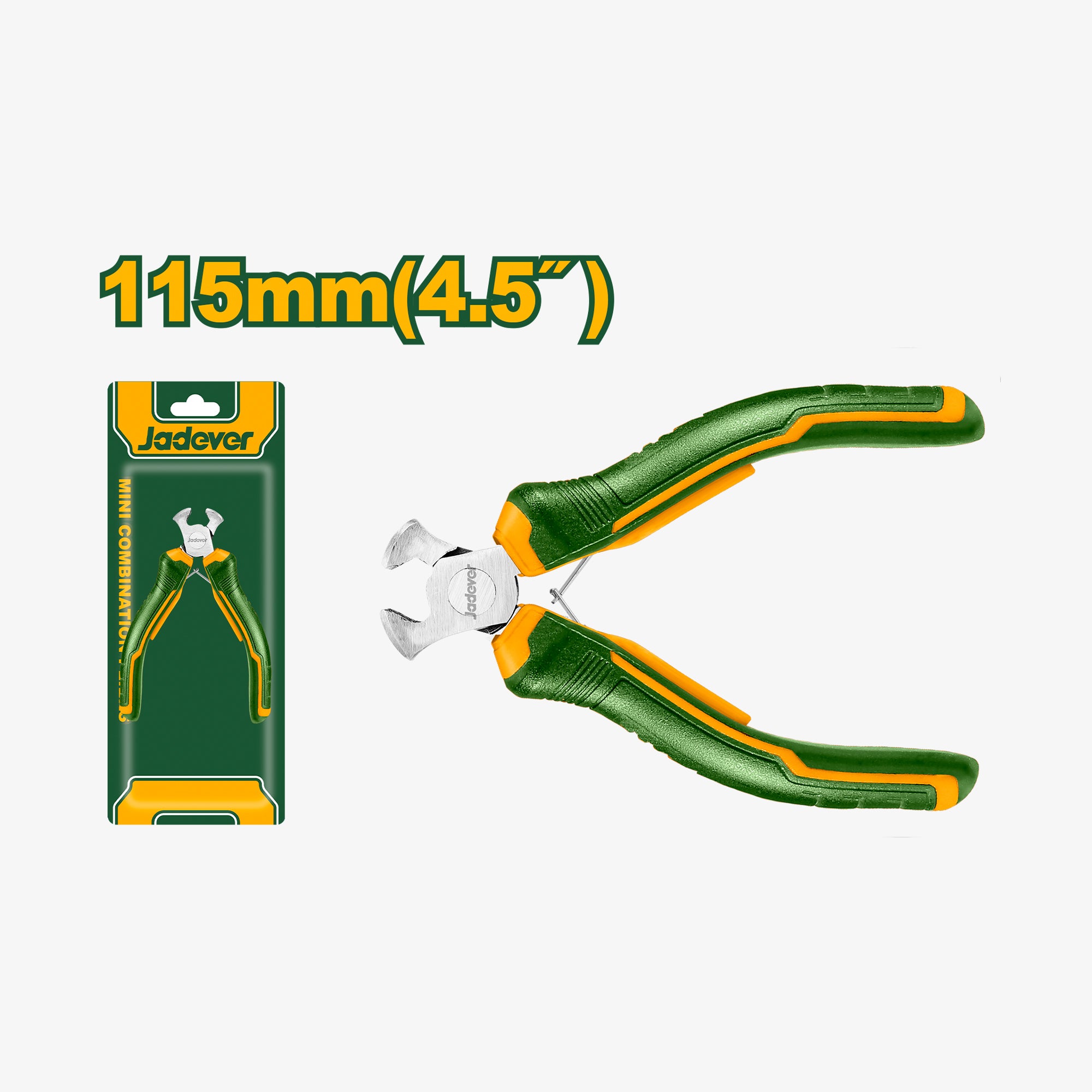 Green and orange pliers with packaging and measurement text on a white background