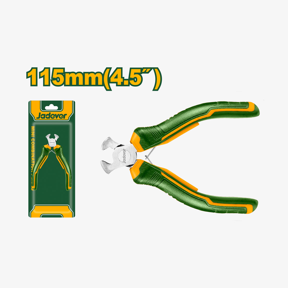 Green and orange pliers with packaging and measurement text on a white background