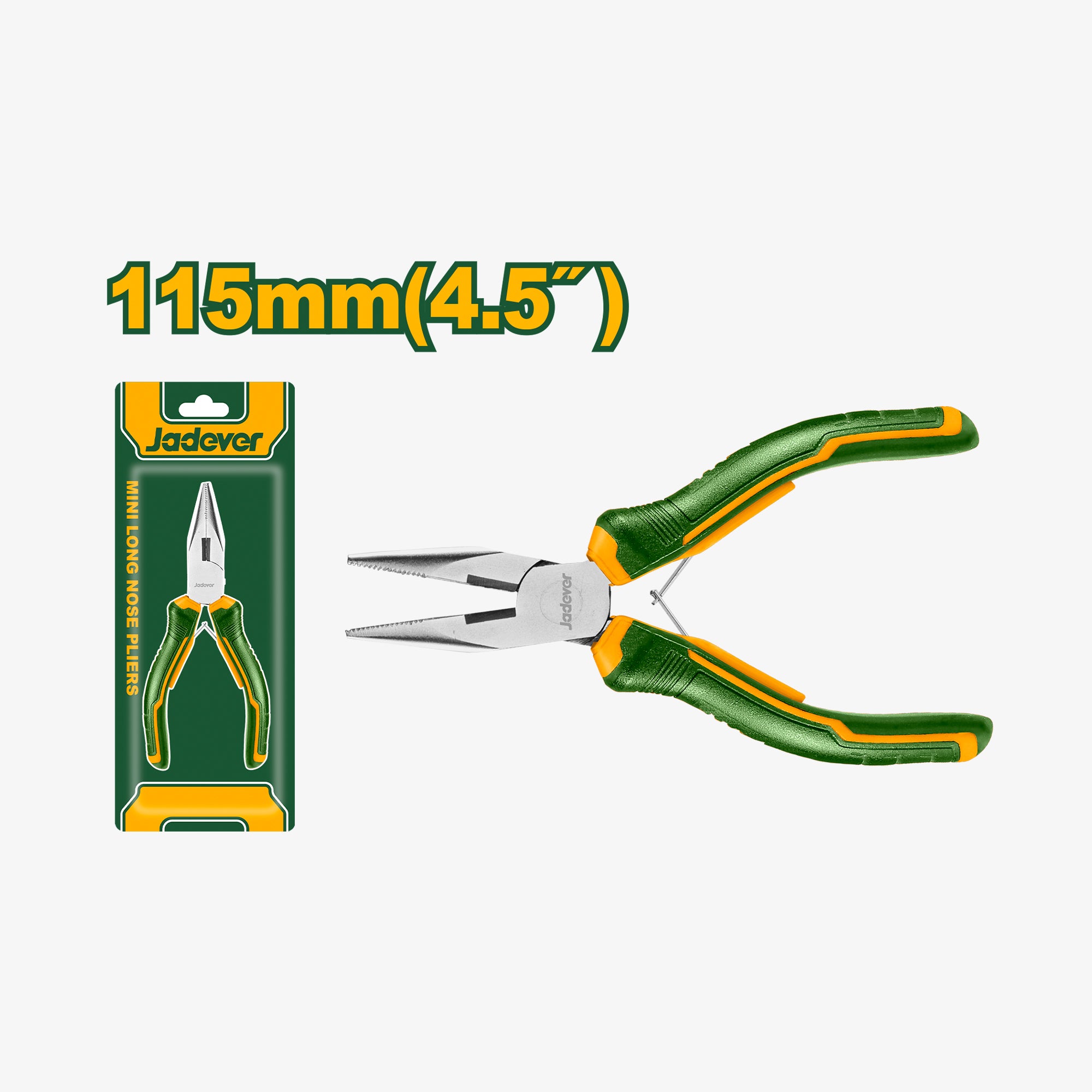 Pair of green and orange pliers with packaging on a white background