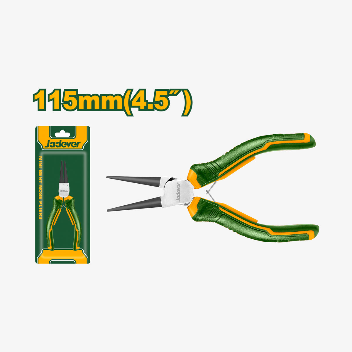 Pair of green pliers with orange accents and packaging on a white background