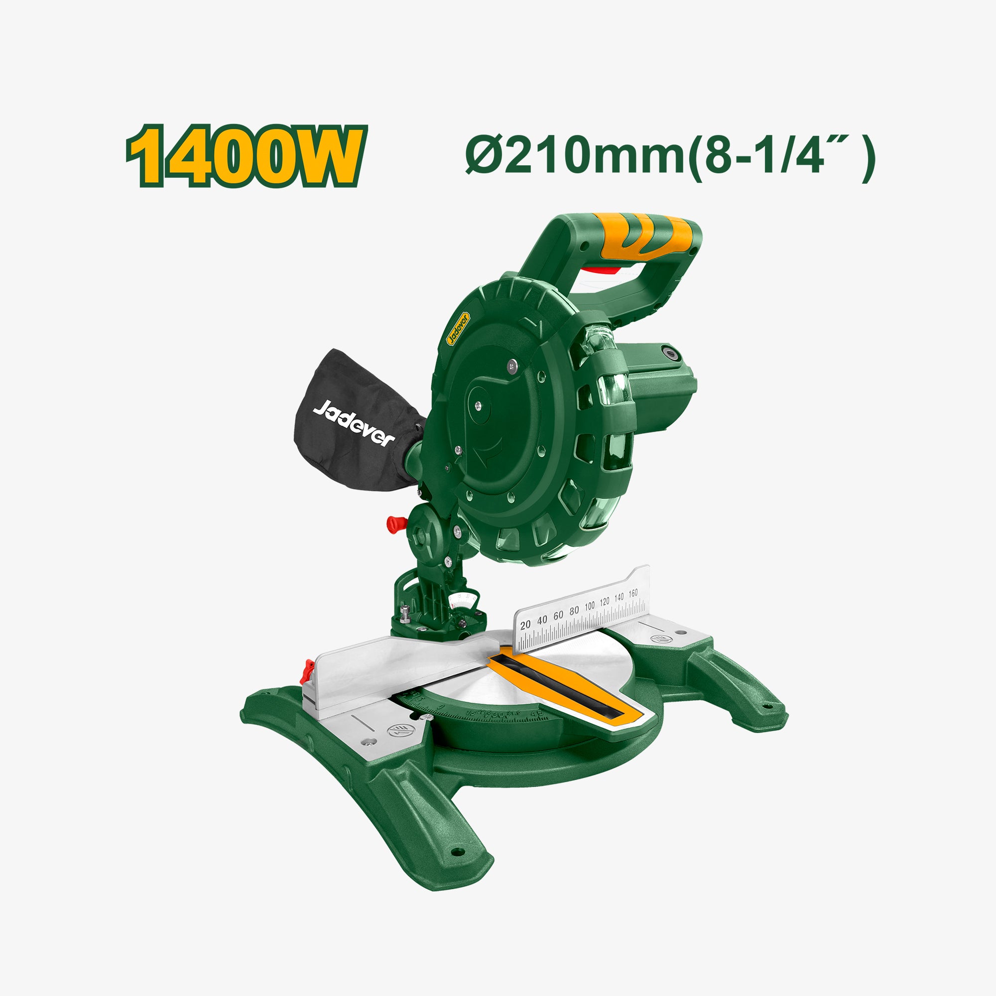Green miter saw with 1400W rating and 210mm diameter on a white background