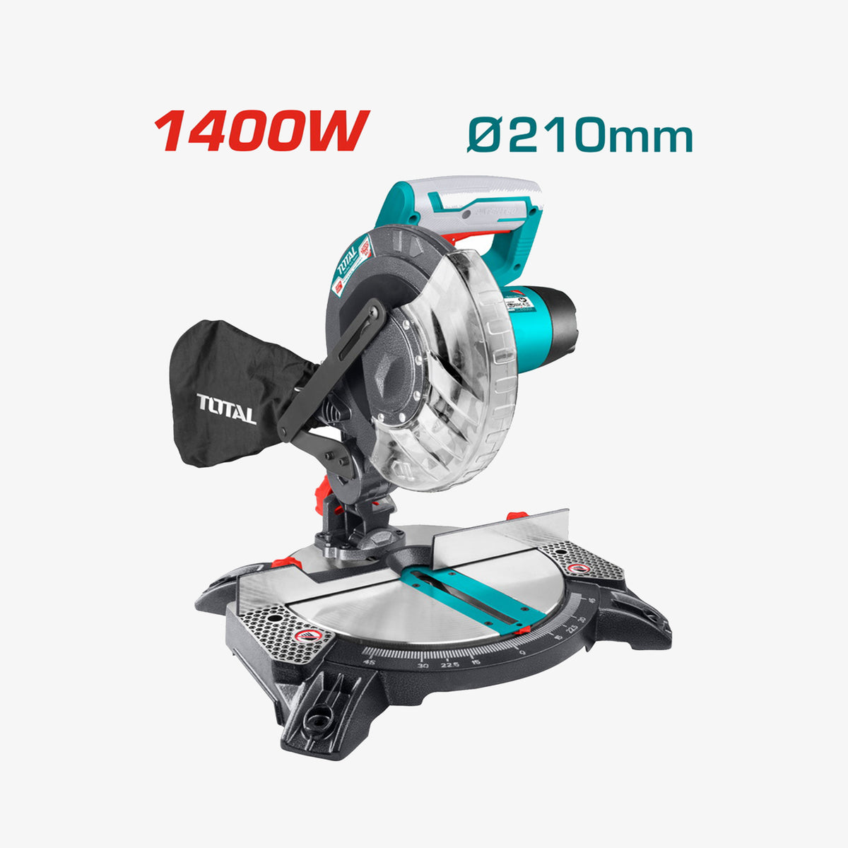 Circular saw with 1400W power and 210mm blade diameter on a white background
